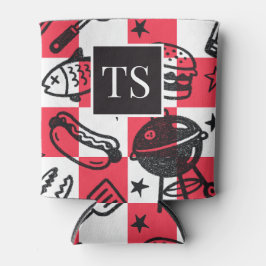 Preppy Dad Grilling Pattern – BBQ Doodles (Check) 缶クーラー