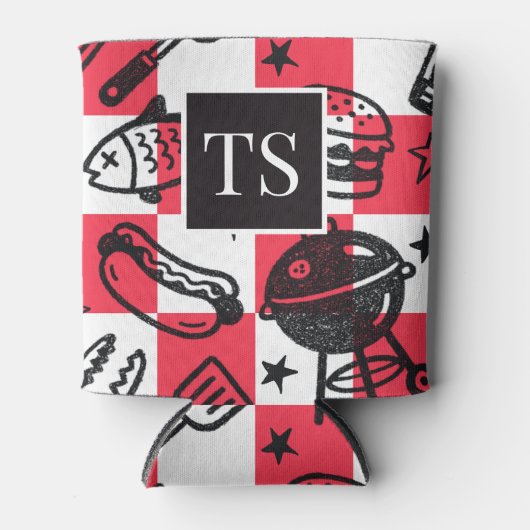 Preppy Dad Grilling Pattern – BBQ Doodles (Check) 缶クーラー (正面)