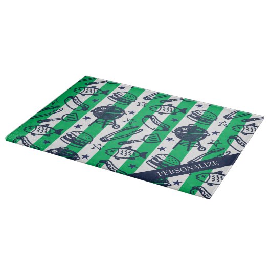 Preppy Dad Grilling Pattern – BBQ Doodles (Stripe) カッティングボード (角)
