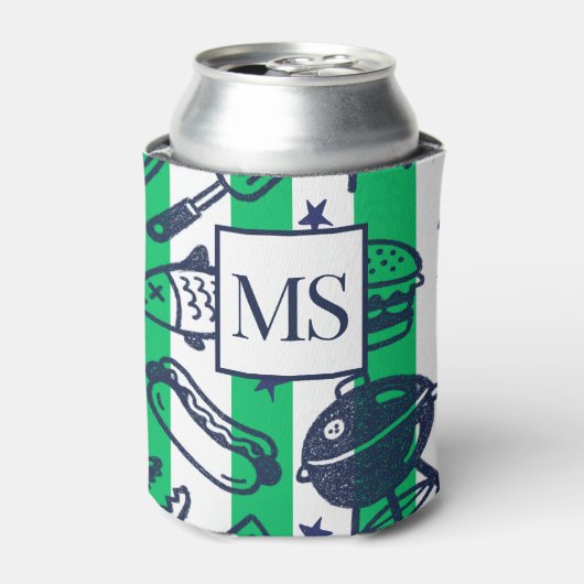 Preppy Dad Grilling Pattern – BBQ Doodles (Stripe) 缶クーラー (缶正面)