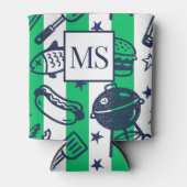Preppy Dad Grilling Pattern – BBQ Doodles (Stripe) 缶クーラー (正面)