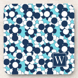 Preppy Daisy Bloom – Turquoise & Navy Monogram コースター