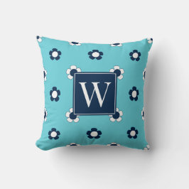 Preppy Daisy Field – Turquoise & Navy Monogram クッション