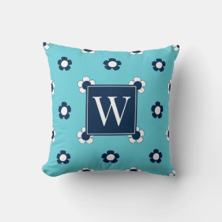 Preppy Daisy Field – Turquoise & Navy Monogram クッション