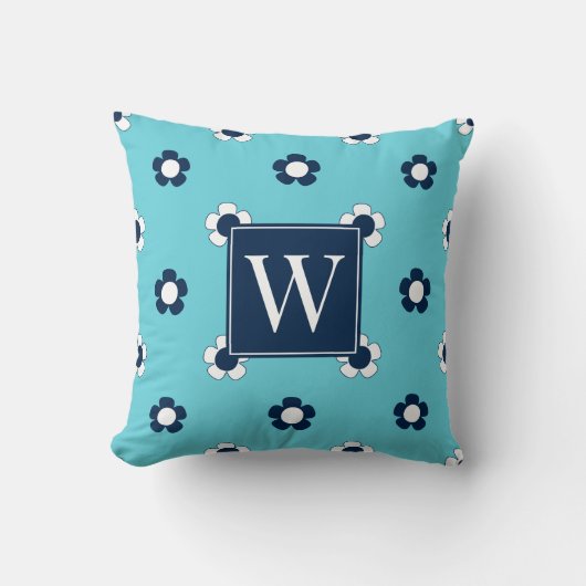 Preppy Daisy Field – Turquoise & Navy Monogram クッション (正面)