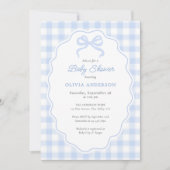 Preppy Doodle Frame Blue Gingham & Bow Baby Shower 招待状 (正面)