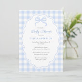 Preppy Doodle Frame Blue Gingham & Bow Baby Shower 招待状 (スタンド正面)
