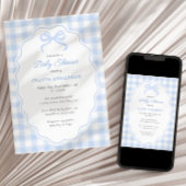 Preppy Doodle Frame Blue Gingham & Bow Baby Shower 招待状