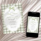 Preppy Doodle Frame Green Gingham Bow Baby Shower 招待状