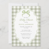 Preppy Doodle Frame Green Gingham Bow Baby Shower 招待状 (正面)