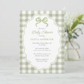 Preppy Doodle Frame Green Gingham Bow Baby Shower 招待状 (スタンド正面)
