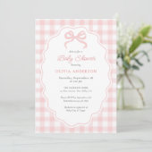 Preppy Doodle Frame Pink Gingham & Bow Baby Shower 招待状 (スタンド正面)