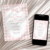 Preppy Doodle Frame Pink Gingham & Bow Baby Shower 招待状