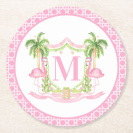 Preppy Flamingo Christmas Crest ラウンドペーパーコースター