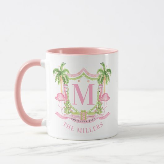 Preppy Flamingo Christmas Monogram Crest マグカップ (左)