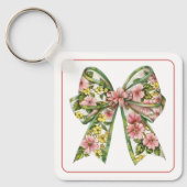 Preppy Floral Pink and Green Bow Personalized キーホルダー (正面)
