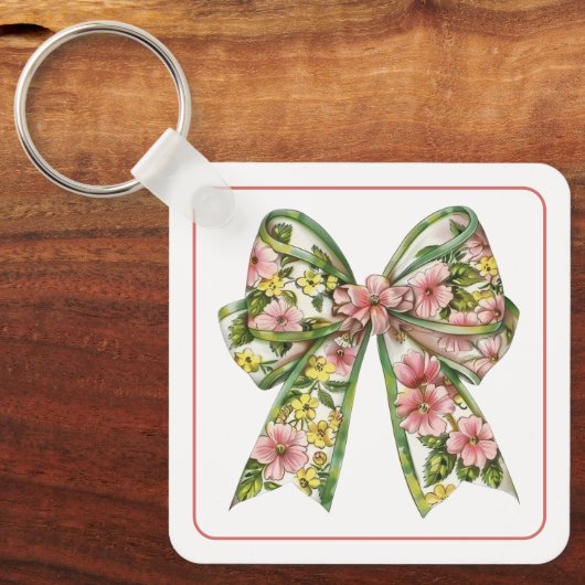 Preppy Floral Pink and Green Bow Personalized キーホルダー (正面)