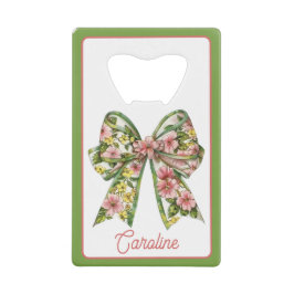 Preppy Floral Pink and Green Bow Personalized クレジットカード栓抜き