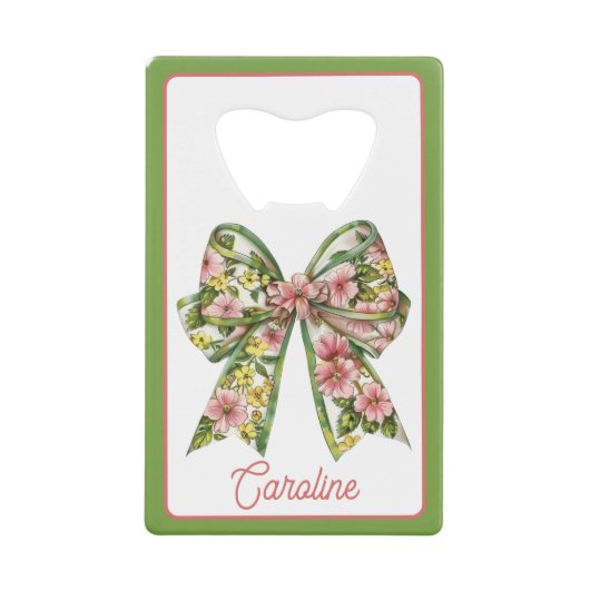 Preppy Floral Pink and Green Bow Personalized クレジットカード栓抜き (正面)