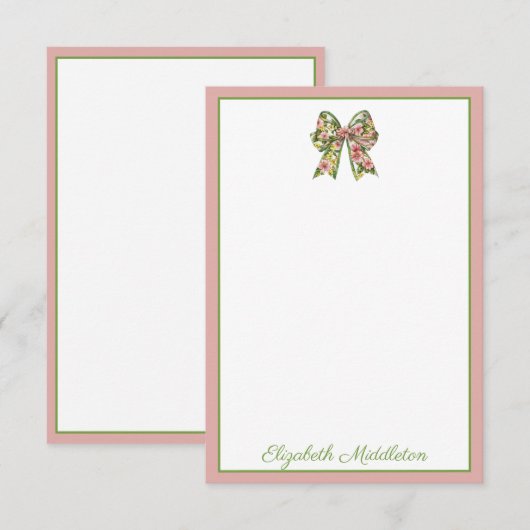 Preppy Floral Pink and Green Bow Personalized ノートカード (正面/裏面)