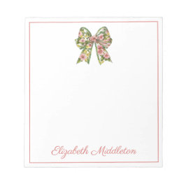Preppy Floral Pink and Green Bow Personalized ノートパッド