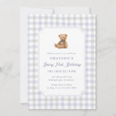 Preppy Gingham Teddy Bear Beary First Birthday 招待状 (正面)