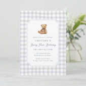Preppy Gingham Teddy Bear Beary First Birthday 招待状 (スタンド正面)
