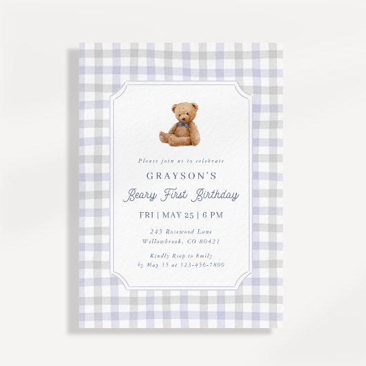 Preppy Gingham Teddy Bear Beary First Birthday 招待状