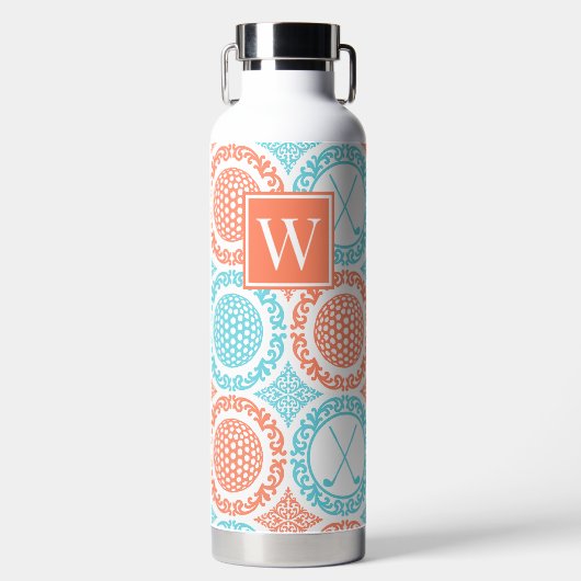 Preppy Golf Damask – Balls & Clubs - Coral & Turq ウォーターボトル (正面)