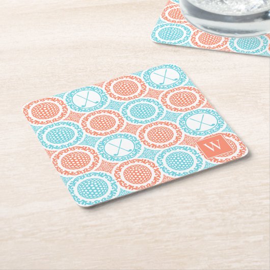 Preppy Golf Damask - Balls & Clubs Coral Turquoise スクエアペーパーコースター (アングル)