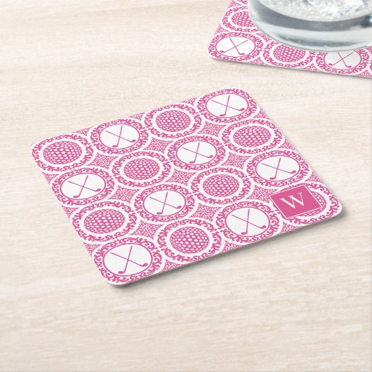 Preppy Golf Damask - Balls & Clubs in Hot Pink スクエアペーパーコースター (アングル)