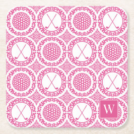 Preppy Golf Damask - Balls & Clubs in Hot Pink スクエアペーパーコースター