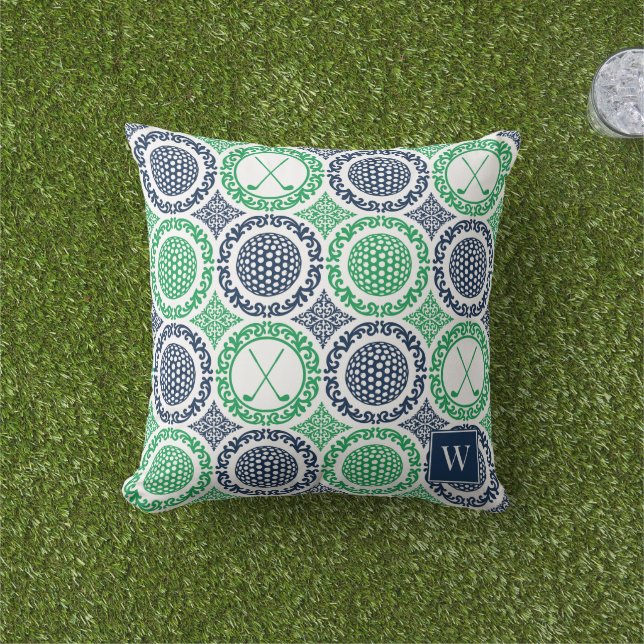 Preppy Golf Damask - Balls & Clubs in Navy & Green アウトドアクッション (芝生)