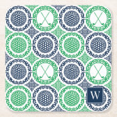 Preppy Golf Damask - Balls & Clubs in Navy & Green スクエアペーパーコースター (正面)