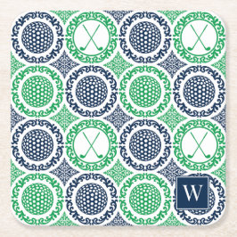 Preppy Golf Damask - Balls & Clubs in Navy & Green スクエアペーパーコースター