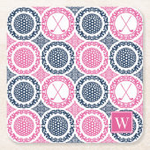 Preppy Golf Damask - Balls & Clubs Navy & Hot Pink スクエアペーパーコースター (正面)