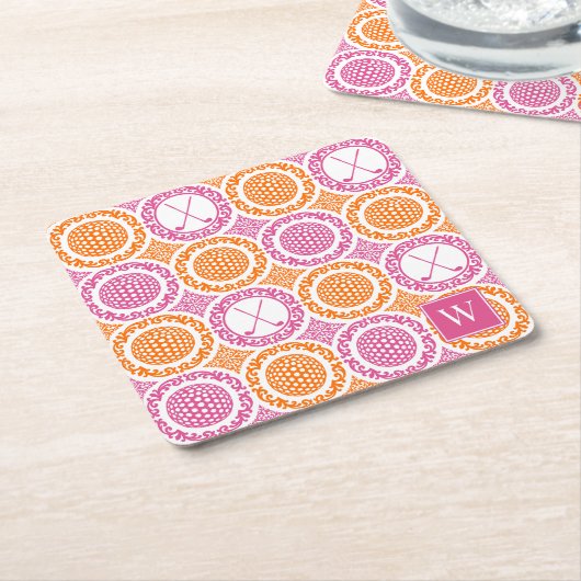 Preppy Golf Damask - Balls & Clubs - Orange & Pink スクエアペーパーコースター (アングル)