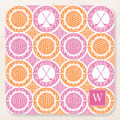 Preppy Golf Damask - Balls & Clubs - Orange & Pink スクエアペーパーコースター (正面)