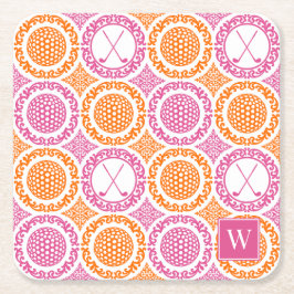 Preppy Golf Damask - Balls & Clubs - Orange & Pink スクエアペーパーコースター