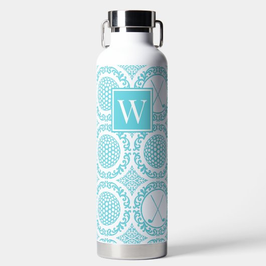 Preppy Golf Damask – Balls & Clubs - Turquoise ウォーターボトル (正面)