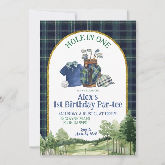 Preppy Golf Hole in One First Birthday Invitation 招待状 (正面)
