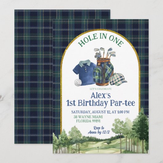 Preppy Golf Hole in One First Birthday Invitation 招待状 (正面/裏面)