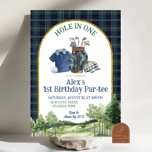 Preppy Golf Hole in One First Birthday Invitation 招待状