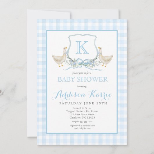Preppy Goose Blue Gingham Baby Shower Invitation 招待状 (正面)