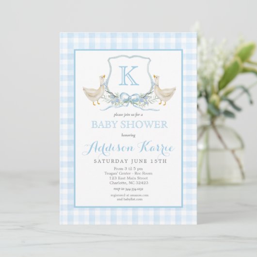 Preppy Goose Blue Gingham Baby Shower Invitation 招待状 (スタンド正面)