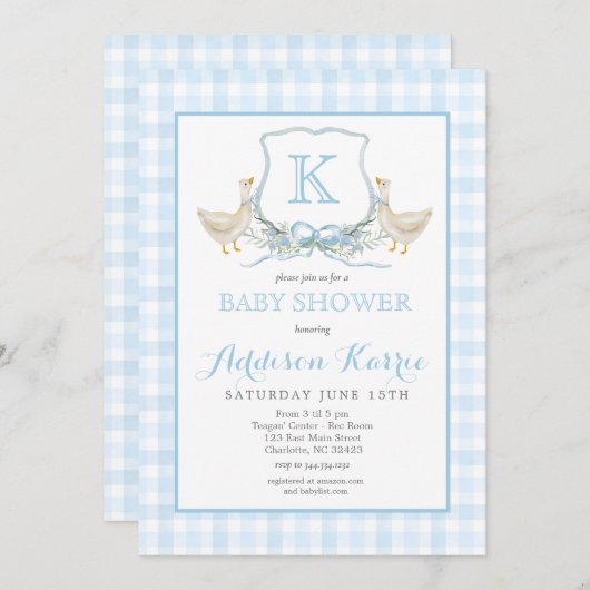 Preppy Goose Blue Gingham Baby Shower Invitation 招待状 (正面/裏面)
