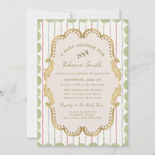 Preppy Grandmillennial Botanical Frame Baby Shower 招待状 (正面)