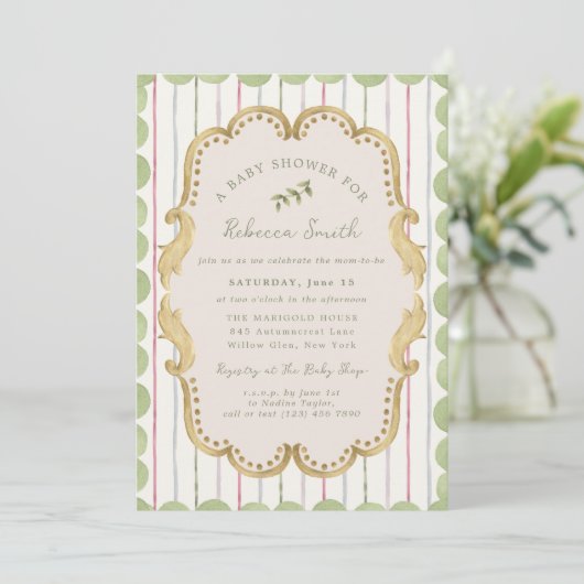 Preppy Grandmillennial Botanical Frame Baby Shower 招待状 (スタンド正面)