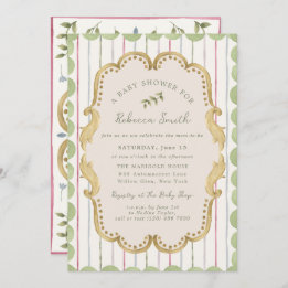 Preppy Grandmillennial Botanical Frame Baby Shower 招待状