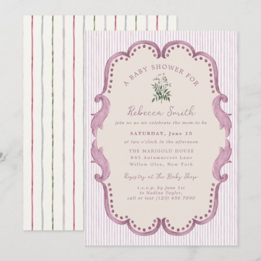 Preppy Grandmillennial Pink Girl Baby Shower 招待状 (正面/裏面)